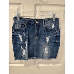 Wax Jeans Denim Mini Skirt Juniors Medium Womens Blue Light Short Distressed 28"